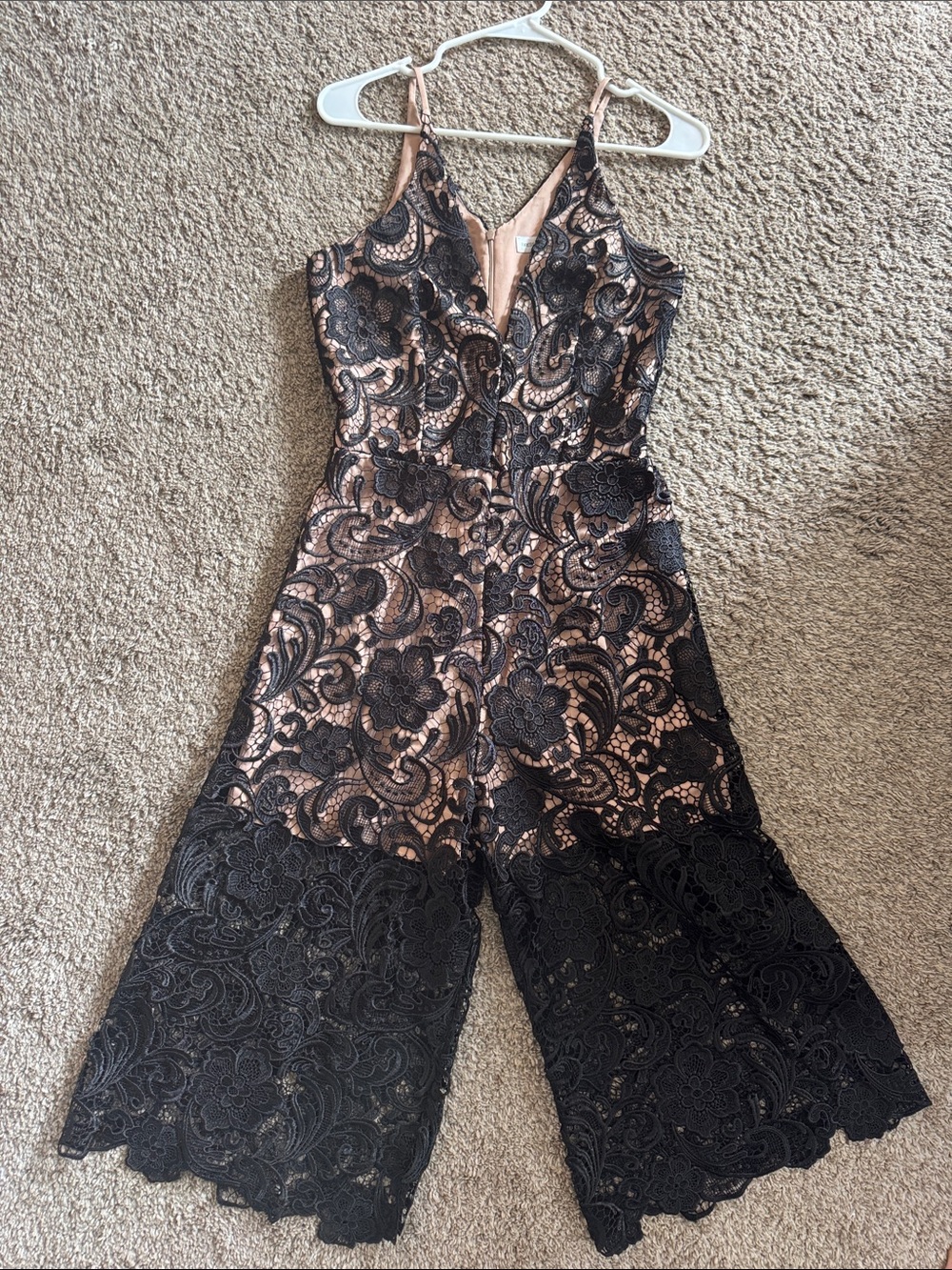 Dress the Population Lace-Overlay Wide Leg Jumpsuit in Black and Nude